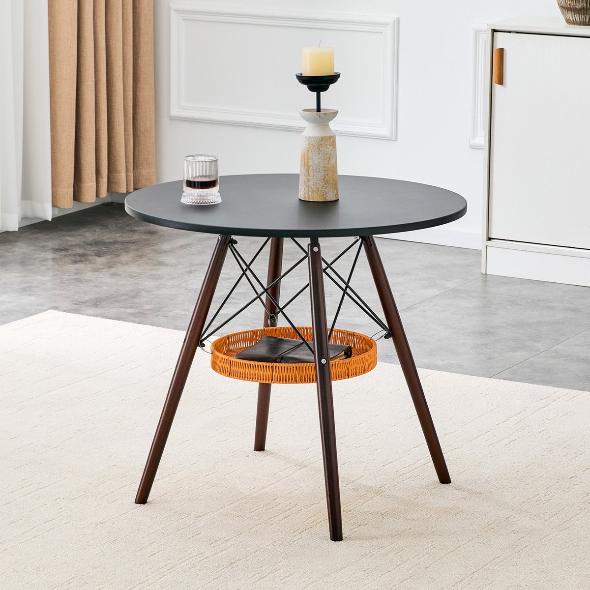 DESMIU Eettafel - Ronde Tafel Met Opbergmand Voor 2 Tot 4 Personen - Voor Eethoek En Balkon - MDF En Massief Hout - 80 Cm - Zwart Walnoot
