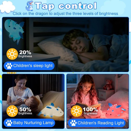 Nachtlampje in de vorm van een draak voor kinderen - 7-kleuren LED-nachtlampje - Met timer - Zacht - Dimbaar - Siliconenmateriaal - Magnetische functie - USB-oplaadbaar (1200 mAh) - Een cadeau voor baby's, meisjes en jongens - Blauw — afbeelding 3