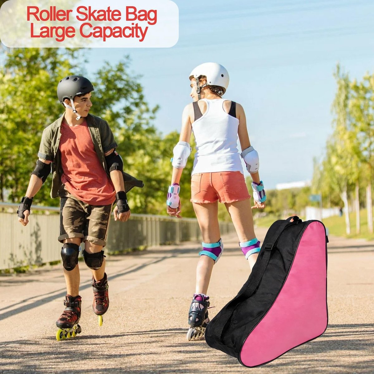 SnelShoppen - Roller Skate Tas voor IJsschaatsen en Steppen - Grote Capaciteit, Verstelbaar, Roze, Voor Kinderen en Volwassenen, Inclusief Ruimte voor
