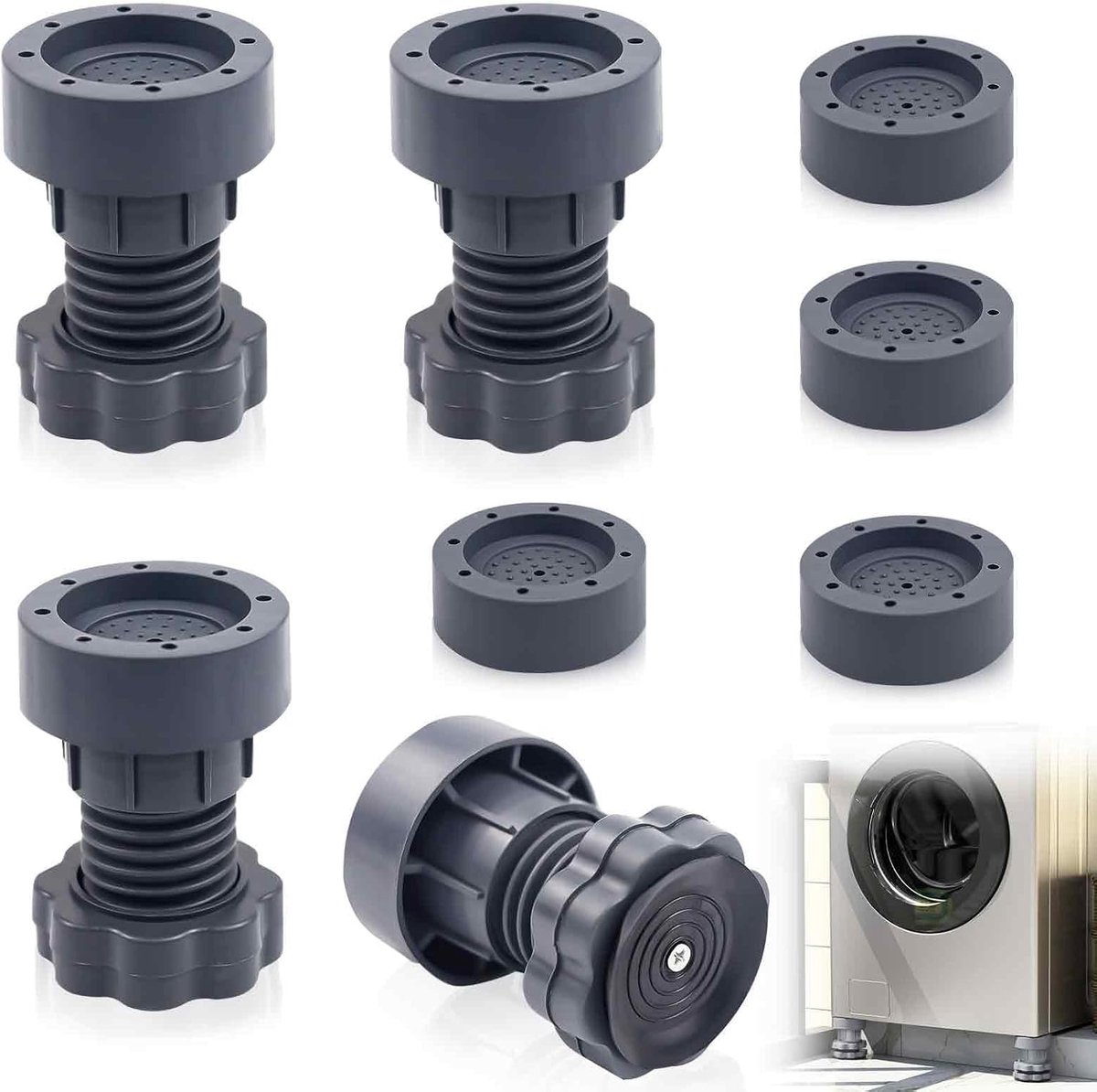 SnelShoppen - 4 stuks wasmachine trillingsdempers en 4 stuks voeten, verstelbare anti-vibratie pootjes, 8,5-10,5 cm hoogte, antislip rubber, voor wasm