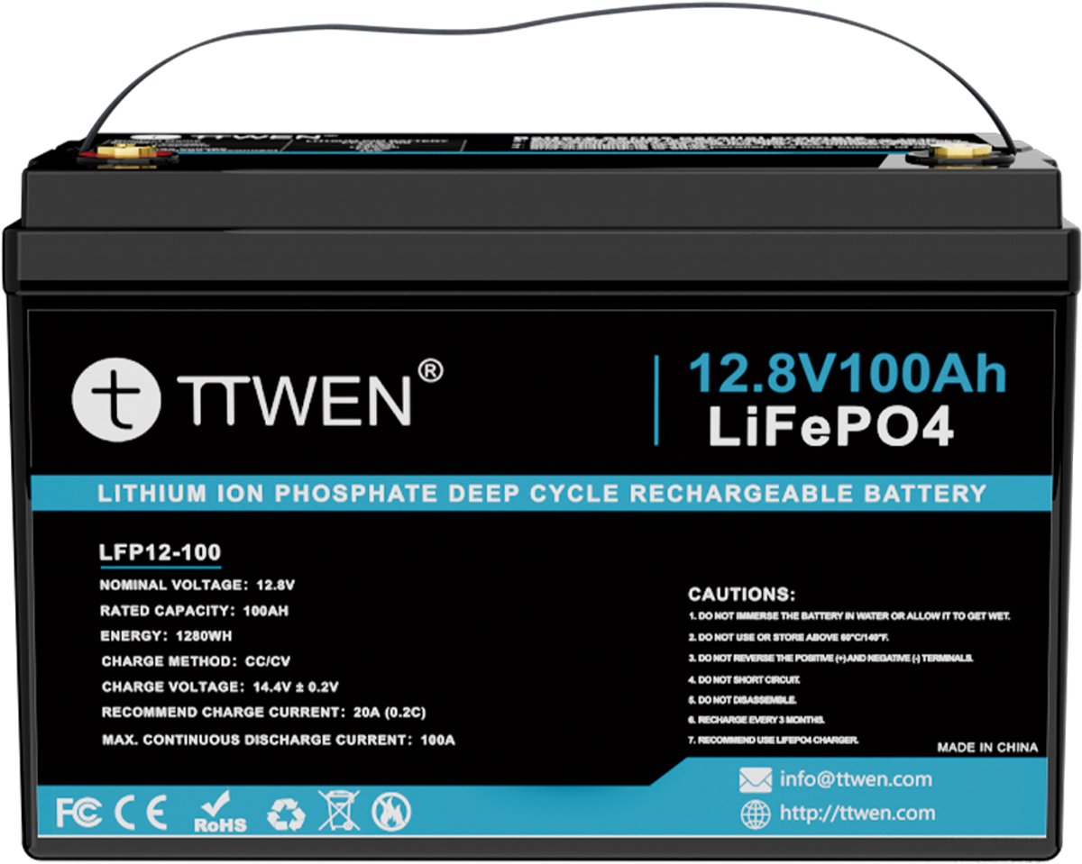 TTWEN Draagbare Powerstation - LiFePO4 Accu 12,8V 100Ah 1280Wh – Lithium IJzer Fosfaat – Diepe Cyclus – Zonder Bluetooth – IP65 Behuizing – Camper & Zonne-energie – 33,0 x 17,2 x 21,0 cm – 1 Stuk – Zwart