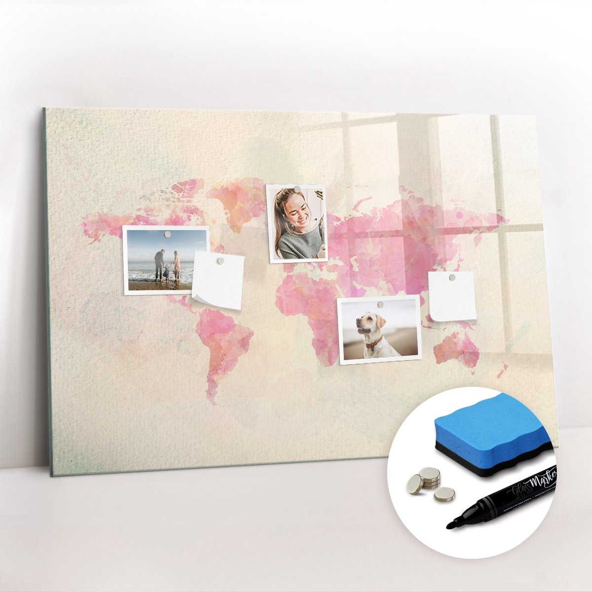 Tulup Whitebord - Wazige wereldkaart - 90 x 60 cm - Roze Magneetbord Muur - Gratis 5 Sterke Magneten + Whiteboard Marker & Wisser - Stylish Memo Board - Magneetbord Foto - Notitiebord Werkplek