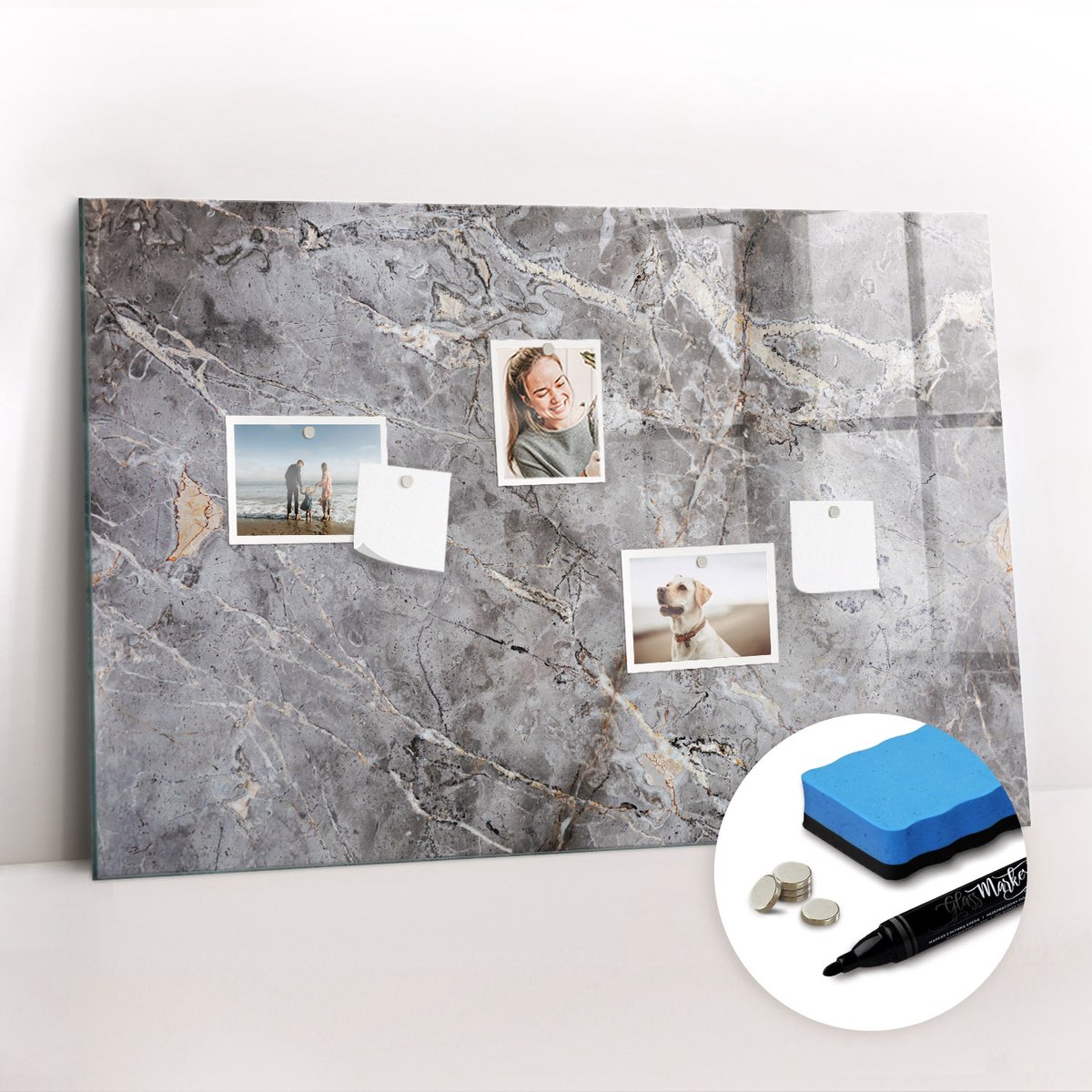 Tulup Whitebord - Marmerpatroon - 90 x 60 cm - Grijs Magneetbord Muur - Gratis 5 Sterke Magneten + Whiteboard Marker & Wisser - Interieur Accessoires Kantoor - Memobord Keuken - Productiviteit Tools