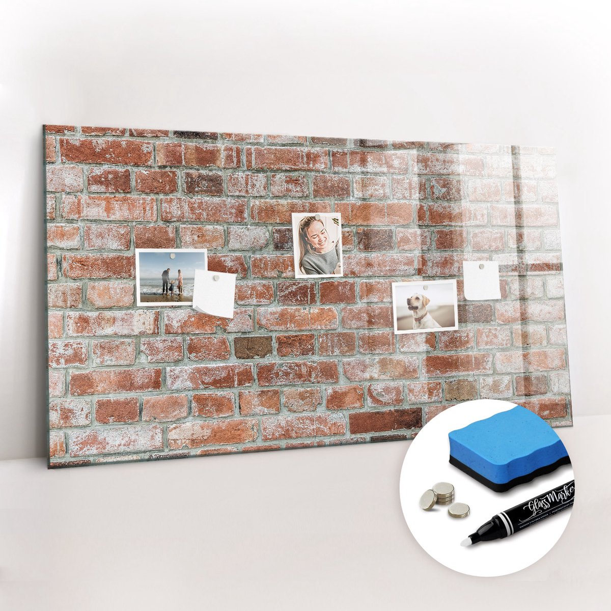 Tulup Whitebord - bakstenen muur - 120 x 60 cm - Bruin Memobord Keuken - Gratis 5 Sterke Magneten + Whiteboard Marker & Wisser - Moderne Wanddecoratie - Memo Magneetbord - Notitiebord Werkplek