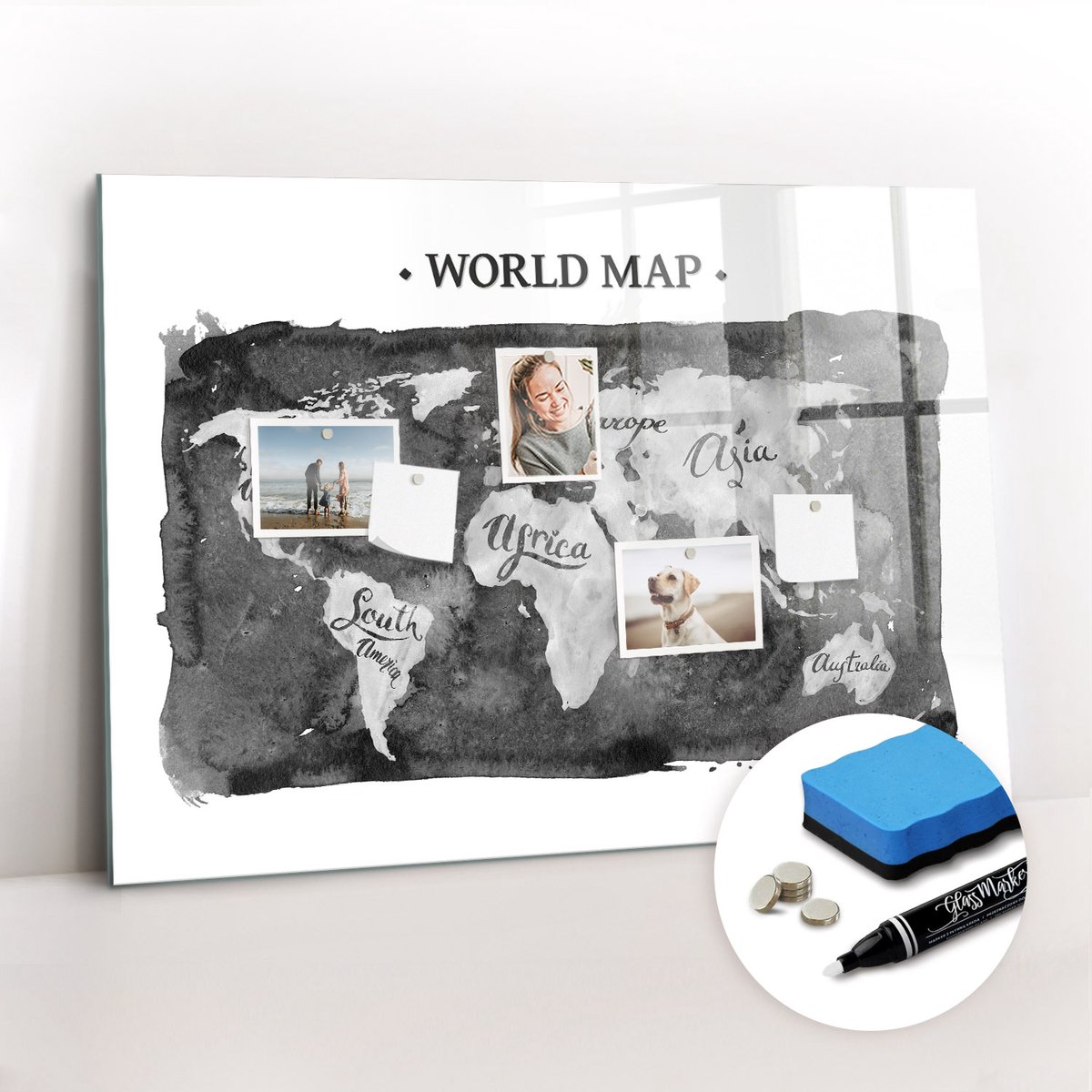 Tulup Whitebord - Retro wereldkaart - 100 x 70 cm - Grijs Magnetisch Bord Kind - Gratis 5 Sterke Magneten + Whiteboard Marker & Wisser - Decoratief Magnetisch Bord - Magnetisch Bord - Productiviteit Tools