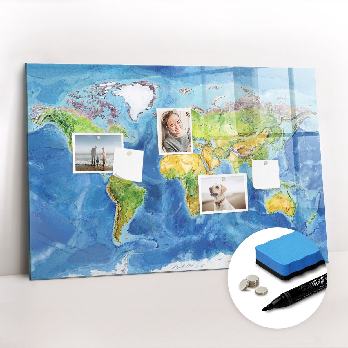 Tulup Whitebord - Minimalistische wereldkaart - 90 x 60 cm - Veelkleurig Foto Magneetbord - Gratis 5 Sterke Magneten + Whiteboard Marker & Wisser - Industrieel Wandbord - Magnetisch Wandbord - Productiviteit Tools