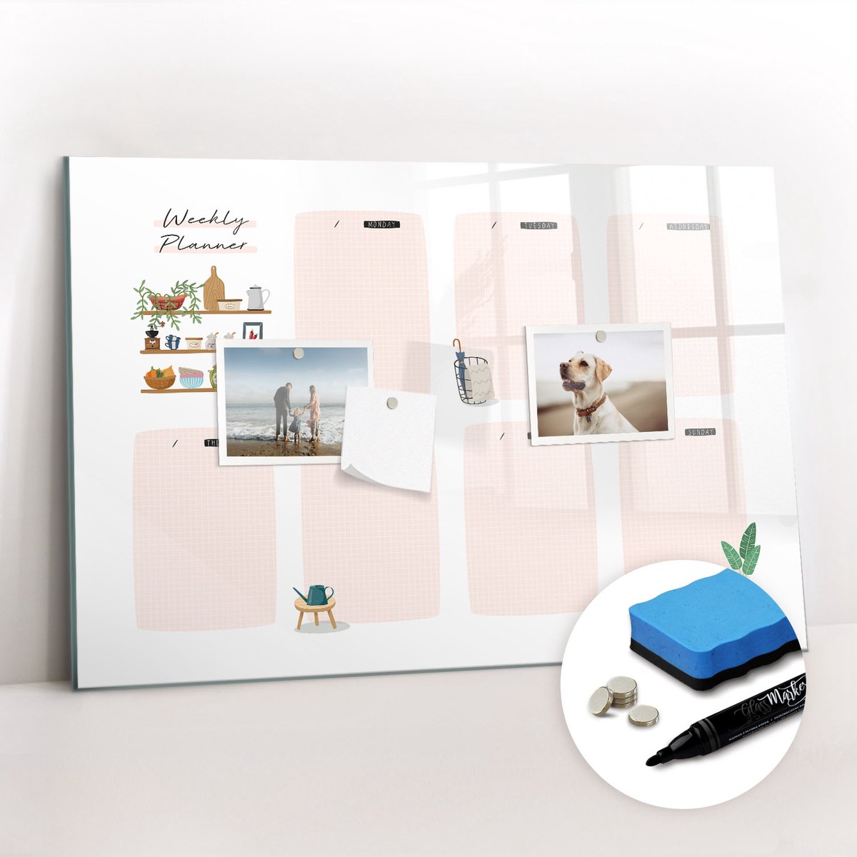 Tulup Whitebord - Kalender weekplanner - 60 x 40 cm - Roze Magnetisch Memobord - Gratis 5 Sterke Magneten + Whiteboard Marker & Wisser - Moderne Wanddecoratie - Memobord Keuken - Planning Muur
