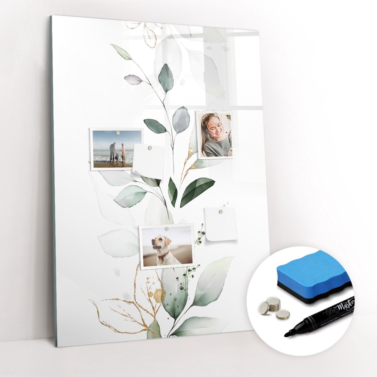 Tulup Whitebord - Aquarel plantenscheutbladeren - 70 x 100 cm - Wit Magnetisch Bord - Gratis 5 Sterke Magneten + Whiteboard Marker & Wisser - Minimalistisch Prikbord - Magneetbord Design - Notitiebord Werkplek