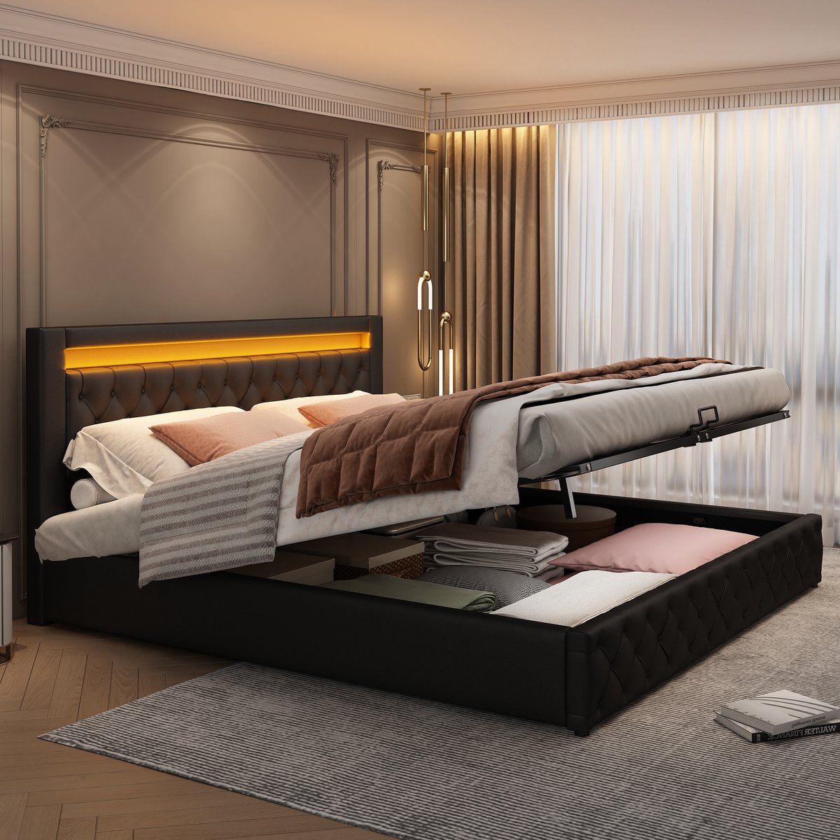 Polsterbed 160x200 cm met LED-Beleuchtung en Stauraum - Functioneel Design in Pu - Zwarte Afmetingen