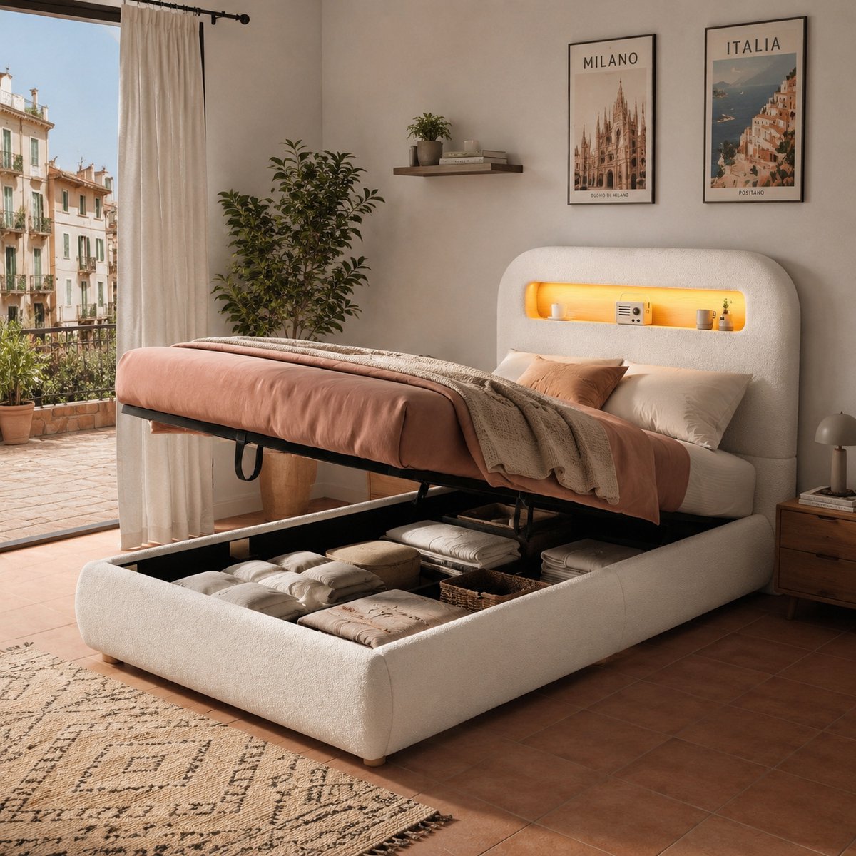 Kinderbed 90x200 Cm - Gestoffeerd Bed Met LED, Hydraulische Opbergruimte En Hoofdbord Wit
