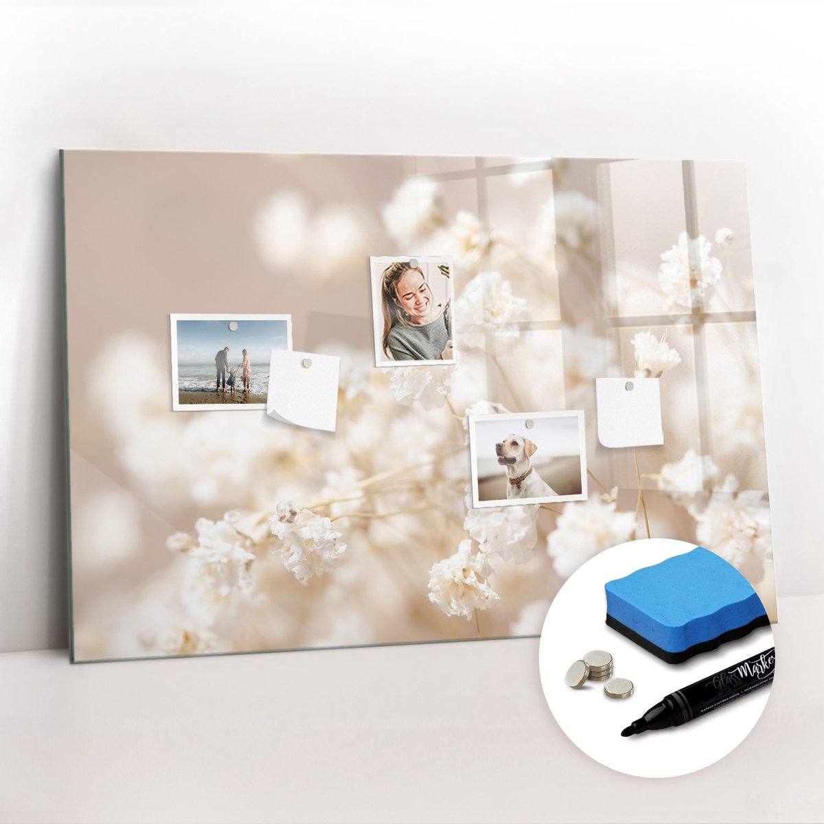 Tulup Whitebord - Kleine witte bloemen - 90 x 60 cm - Wit Magnetic Board - Gratis 5 Sterke Magneten + Whiteboard Marker & Wisser - Scandinavisch Design Bord - Magneetbord Rechthoekig - Notitiebord Werkplek