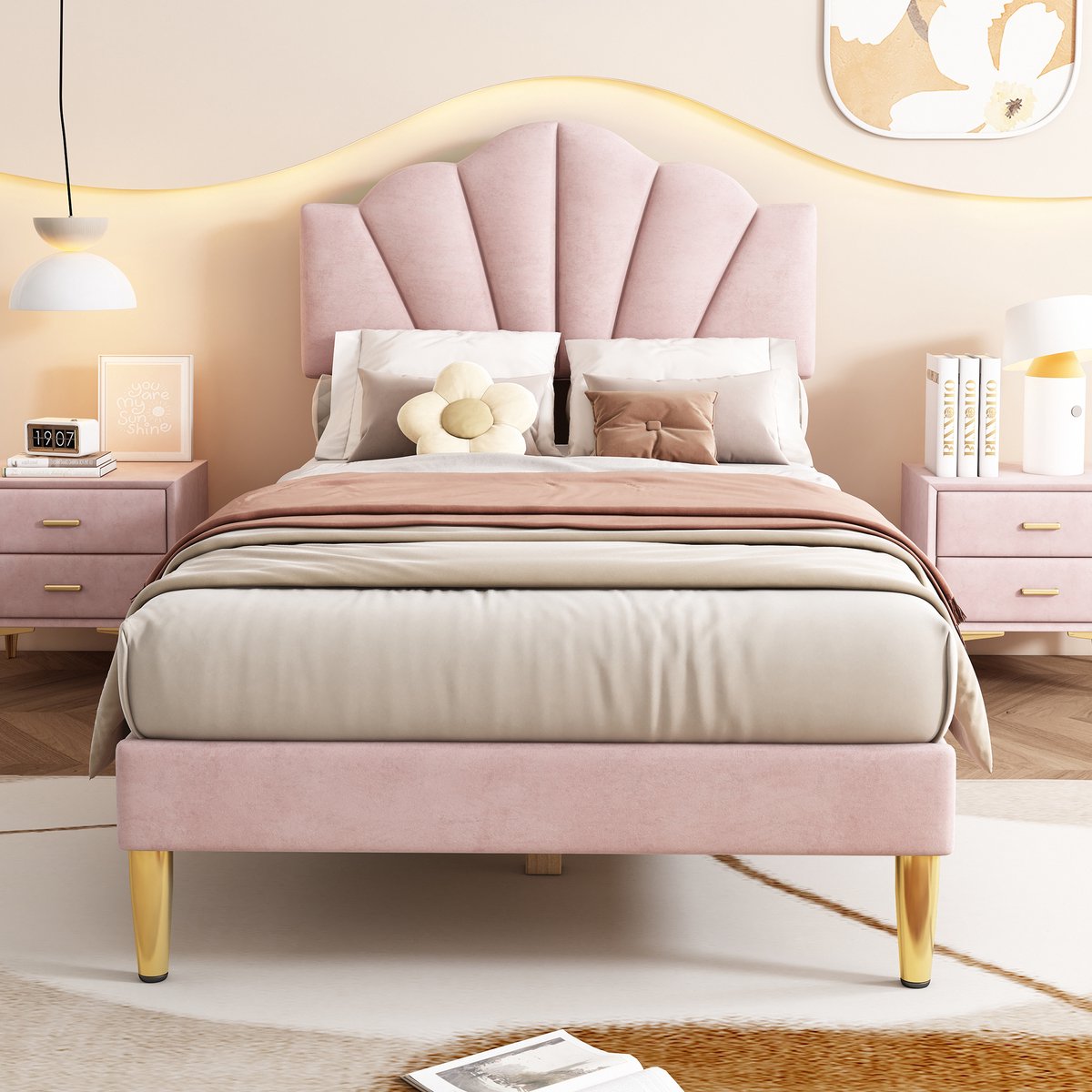 Gestoffeerd Bed 90x200 cm - Velvet Eenpersoonsbed Met Schelpvormig Hoofdbord, Verstelbaar Hoofdbord, Gouden Metalen Poten, Lattenbodem, Luxe Slaapkamerbed Voor Meisjeskamer Roze