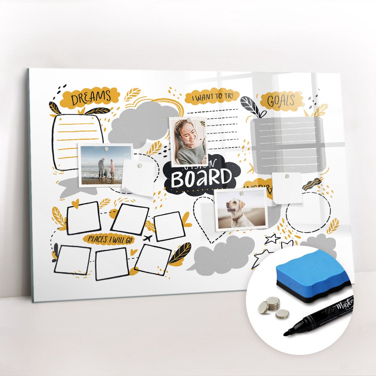 Tulup Whitebord - Nieuwjaarsdoelen - 90 x 60 cm - Wit Memobord Keuken - Gratis 5 Sterke Magneten + Whiteboard Marker & Wisser - Organizer Muur - Magneetbord Design - Planning Muur