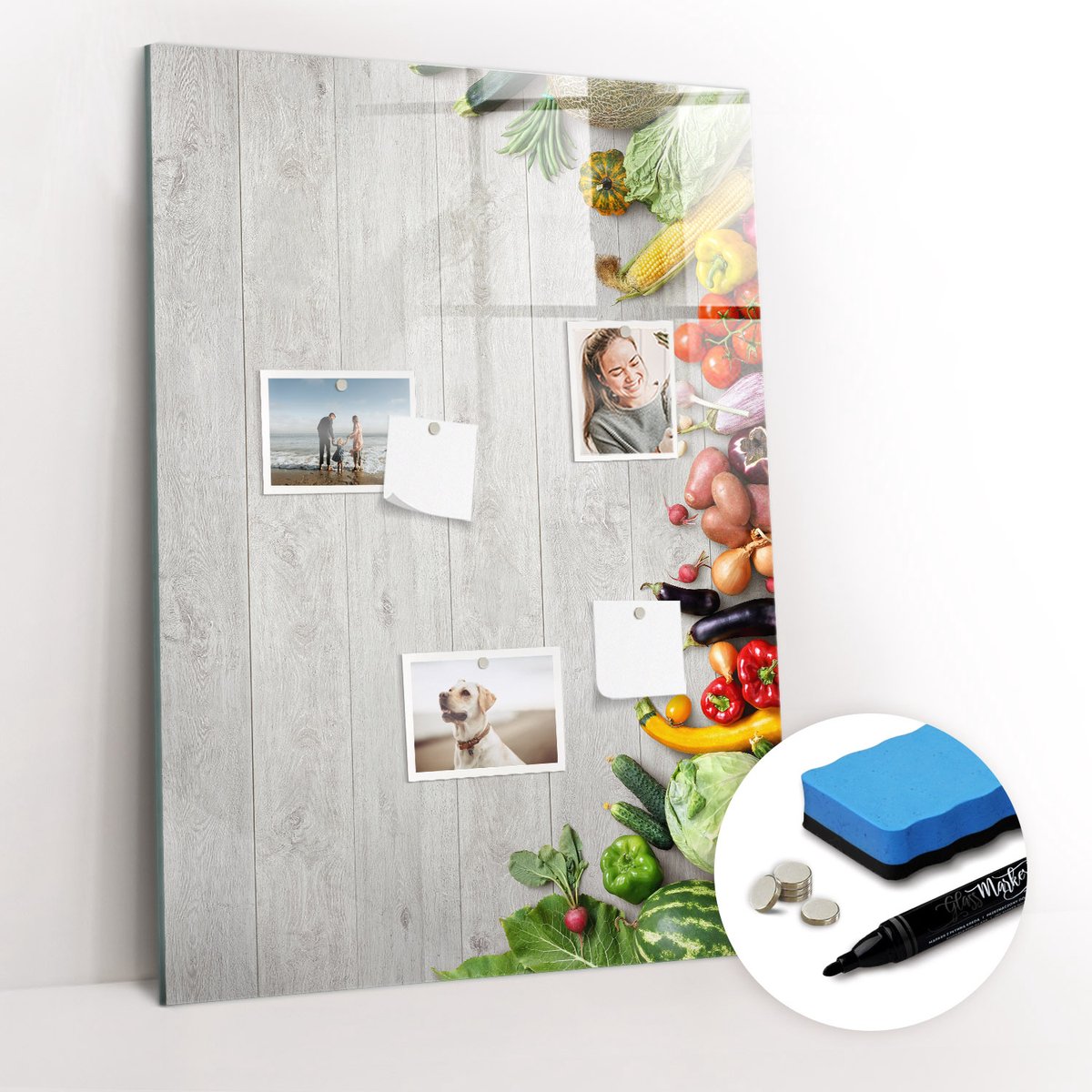 Tulup Whitebord - Groenten op een houten keukenplank - 70 x 100 cm - Veelkleurig Foto Magneetbord - Gratis 5 Sterke Magneten + Whiteboard Marker & Wisser - Organizer Muur - Memo Bord - Notitiebord Werkplek