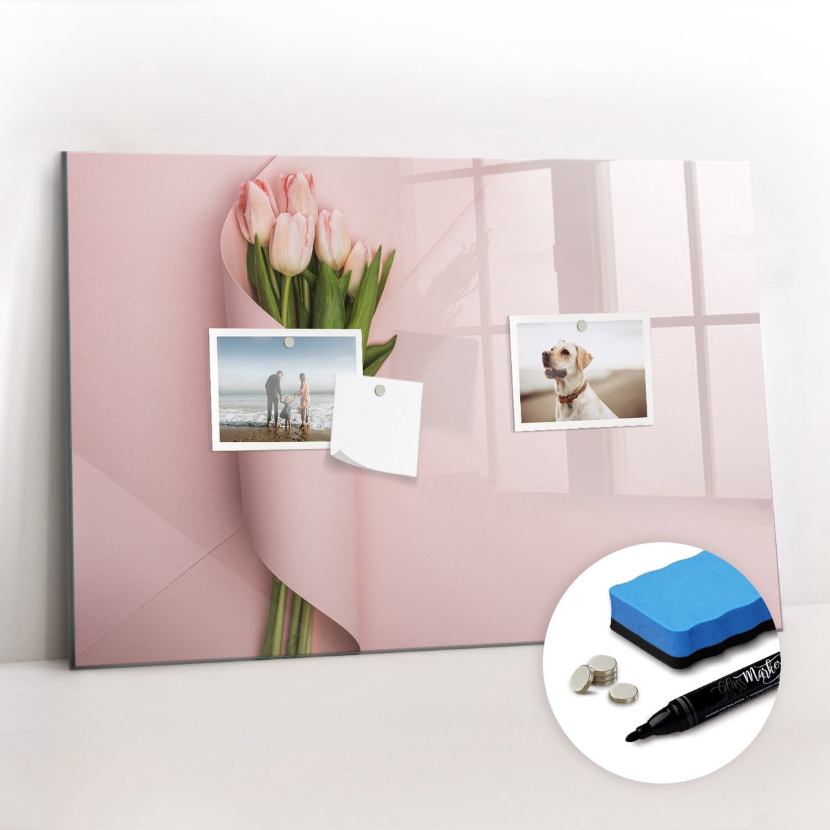 Tulup Whitebord - Een boeket bloemen - 60 x 40 cm - Roze Magnet Board - Gratis 5 Sterke Magneten + Whiteboard Marker & Wisser - Moderne Wanddecoratie - Memo Magneetbord - Notitiebord Werkplek