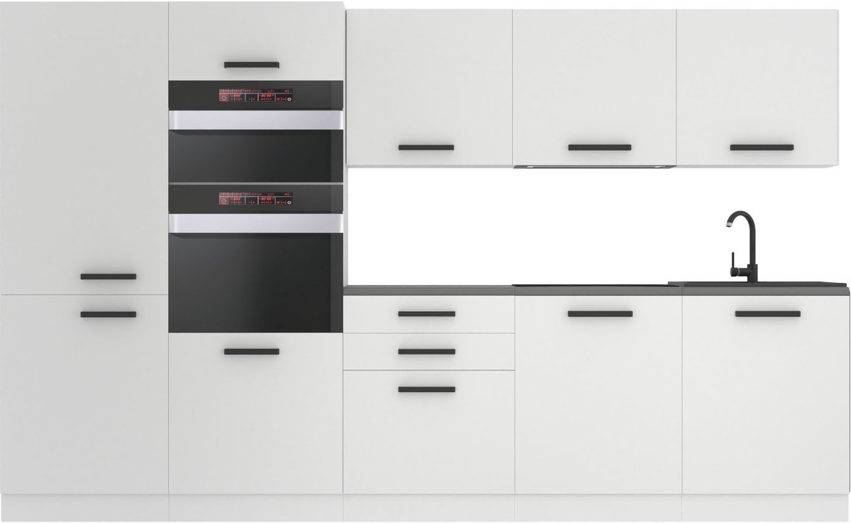 BELINI Keukenblok GRACE - Keukenmeubel Set 300 cm Wit Mat met Werkbladen - Boven- en Onderkasten