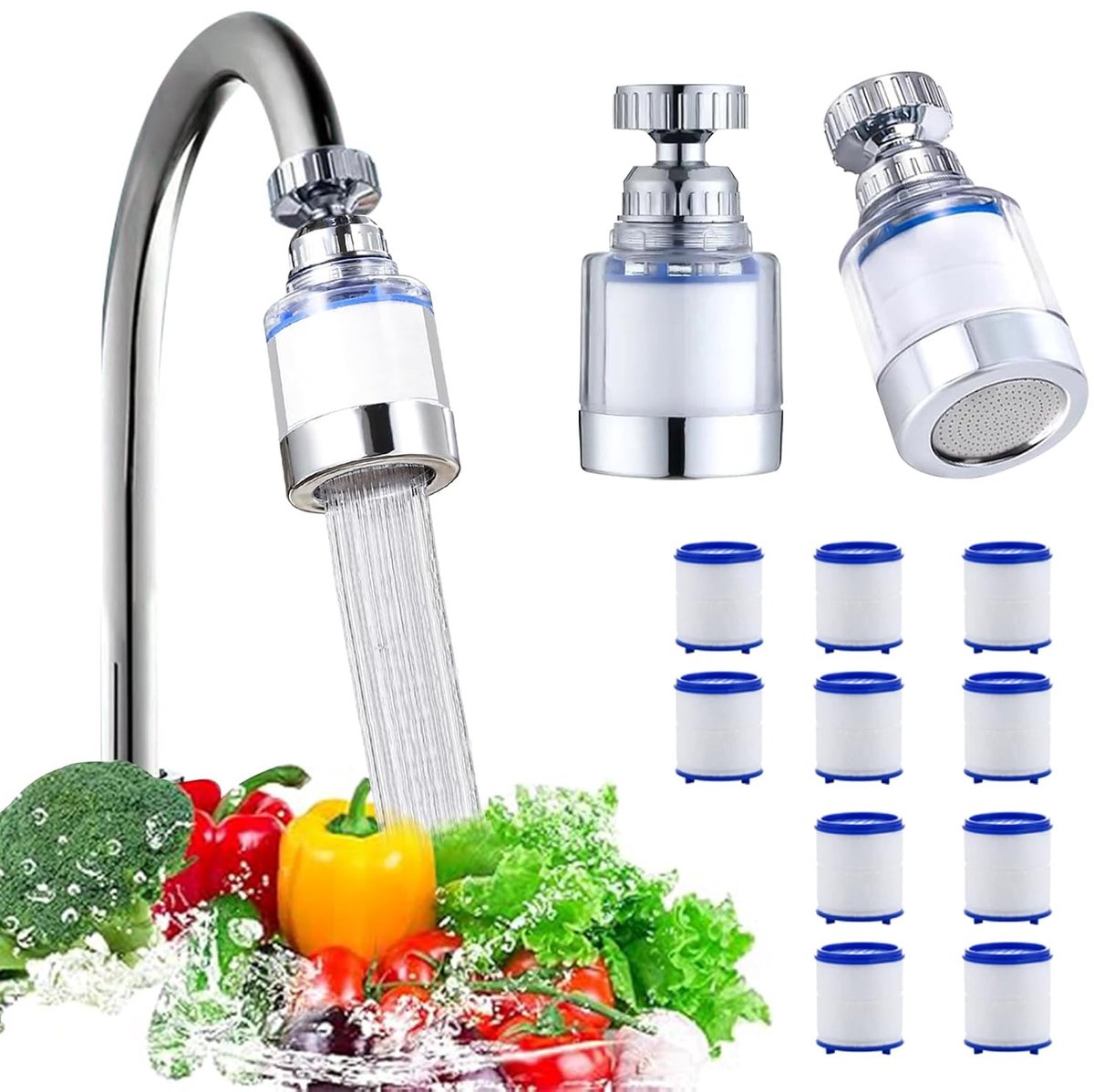 SnelShoppen - 2x Waterkraanfilter + 10 Filtercartridges, 360 Graden Rotatie Waterfilter, Hard Waterfilter voor Thuis, Keuken, Badkamer