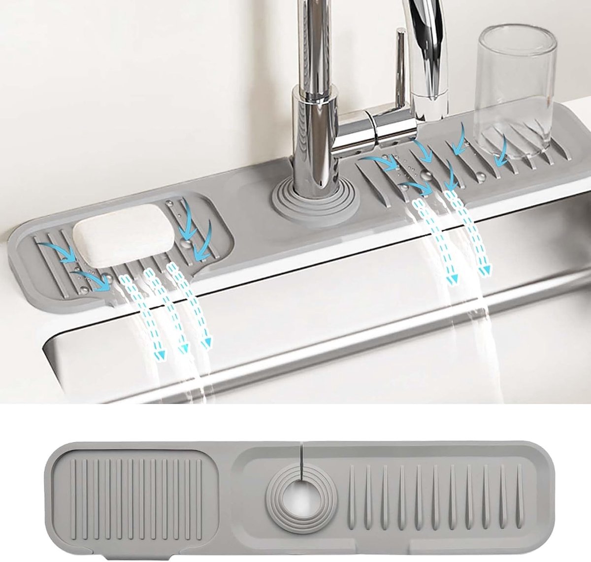 SnelShoppen - Keukensink Splash Guard 45 x 10 cm - Siliconen Kraanmat met Smalle Rand, 5° Hellingshoek Wateropvangmat voor Keuken en Badkamer