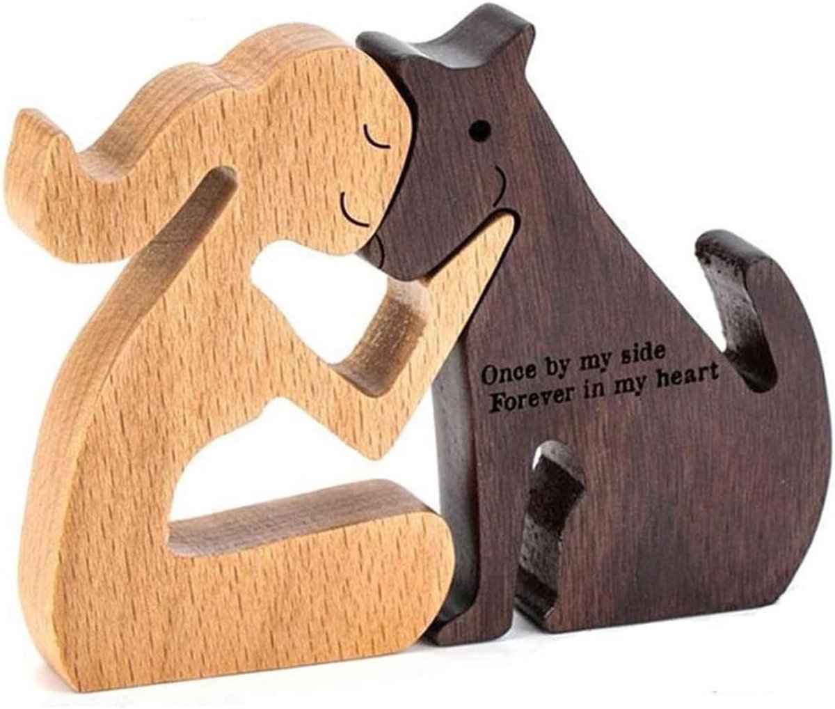 Houten beeld van hond en man - handgemaakt - unieke decoratie voor tafel of boekenplank - perfecte sfeer in huis - SnelShoppen