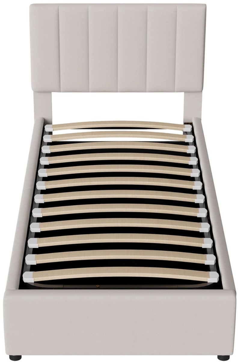 Happiq Gestoffeerd Eenpersoonsbed - Linnen Beige, Stof en Hout Metaal 90 x 200 Cm - Bed met Opbergruimte en Lattenbodem, Compleet Bedframe