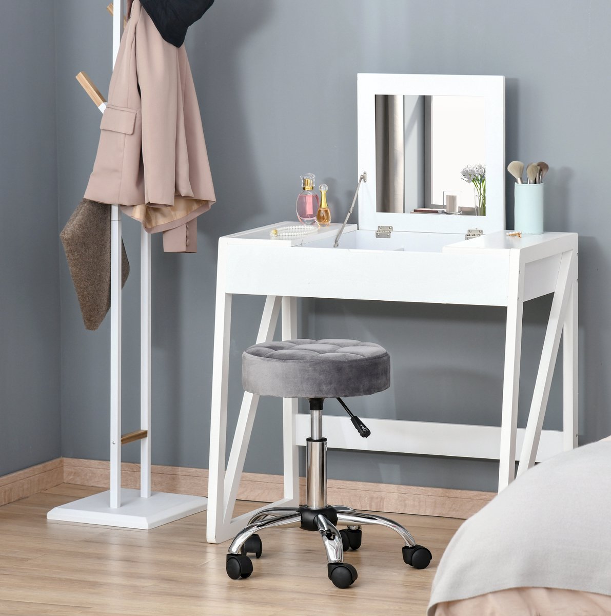 COVREO Rollhocker 48 cm, lichtgrijs, metaal en polyester, in hoogte verstelbaar