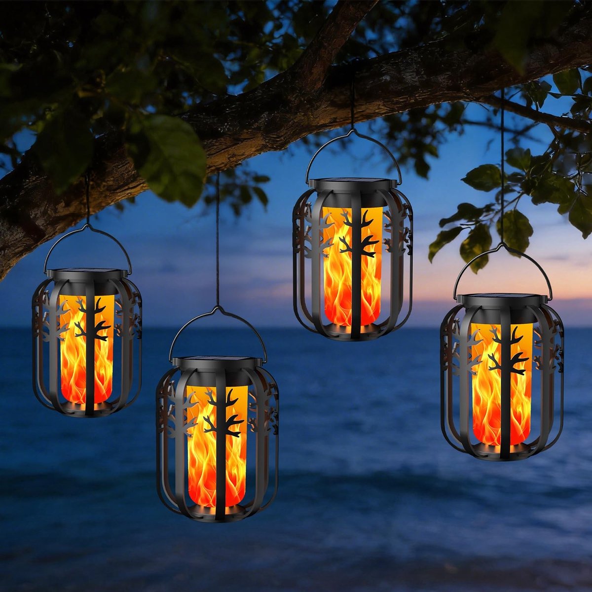 Omgoods - 4-Pack Hangende Solar Lantaarns met Vlam Effect voor Tuin