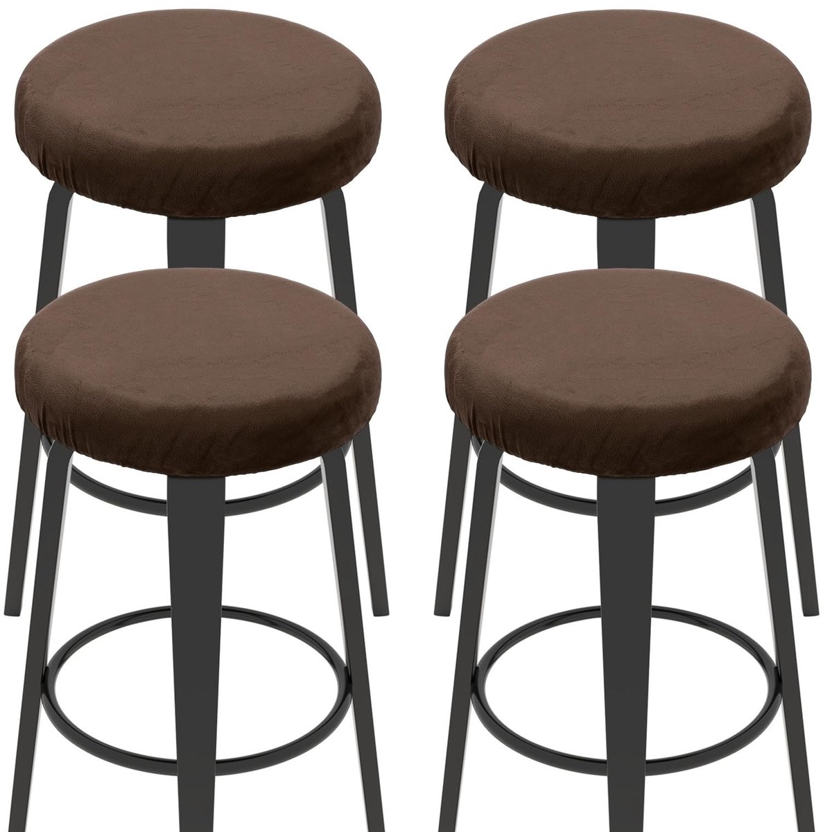 Omgoods - Set van 4 Fluwelen Barkrukhoezen voor Ronde Krukken, Effen Bruin en Wasbaar