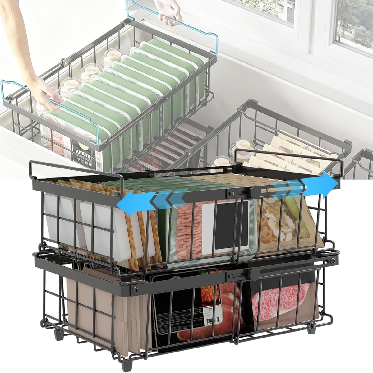Omgoods - 2 Stuks Uittrekbare Vriezer Baskets - Organisatoren voor 140L-570L Vriezers met Handvatten