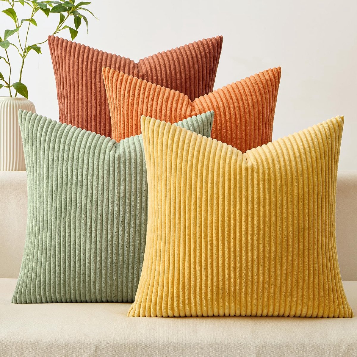 Omgoods - Set van 4 Kussenslopen 40x40 cm Corduroy Oranje-Groen