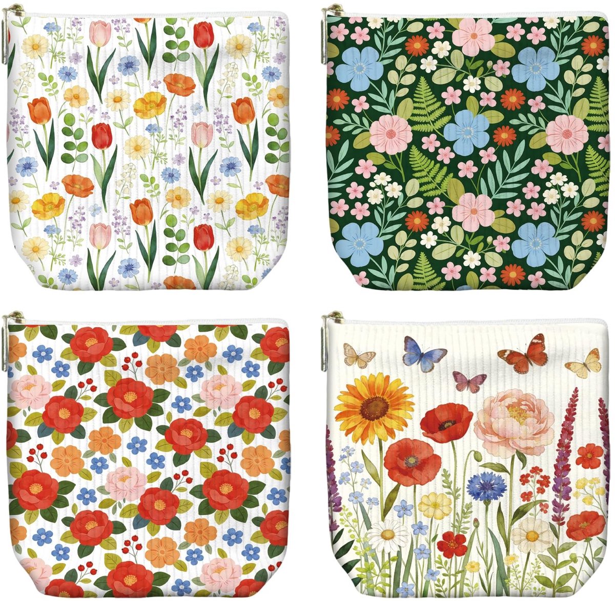 Omgoods - Set van 4 Kleine Make-uptassen - Kleurrijke Bloemen en Vlinders