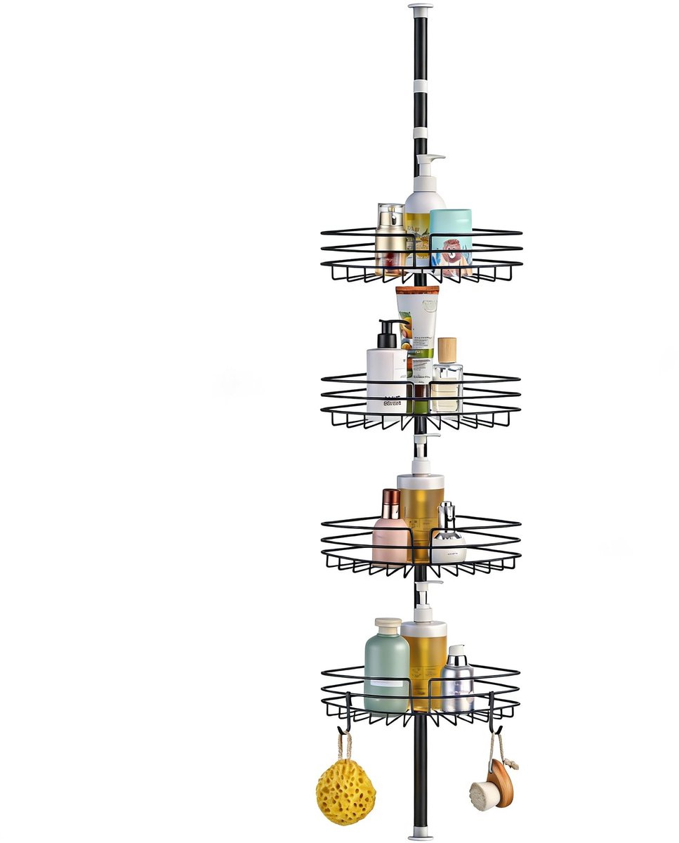 Omgoods- Doucherek telescopisch - Doucherek zonder boren - Badkamer opslag - Metalen doucherek - 4 manden - 85-325 cm - Zwart - Badkamerrek