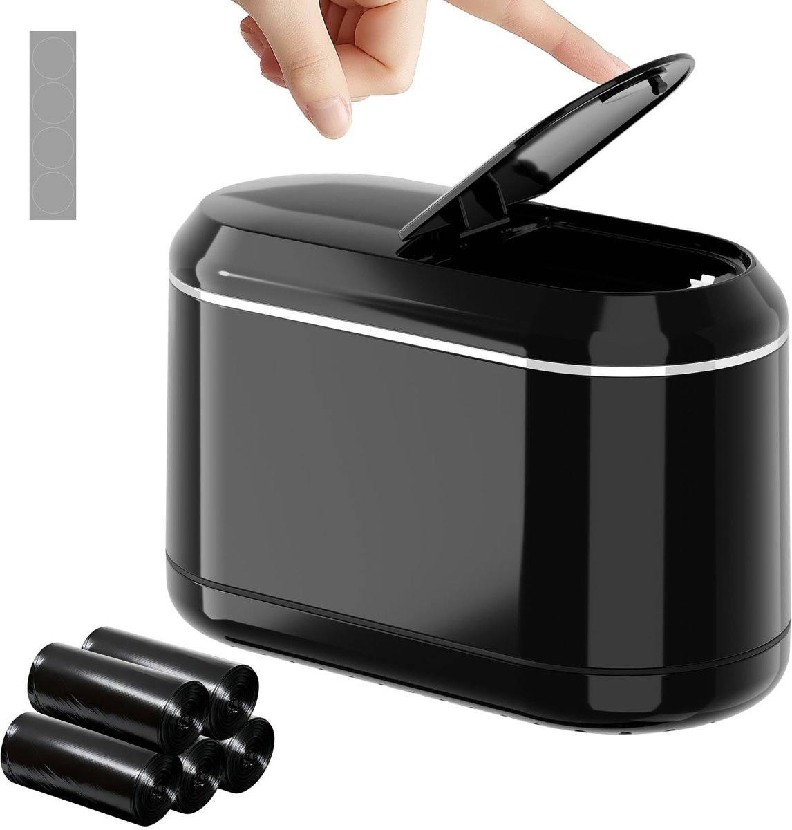 Omgoods - Mini Afvalbak met Pop-Up Deksel, Inclusief 5 Rollen Afvalzakken, Zwart