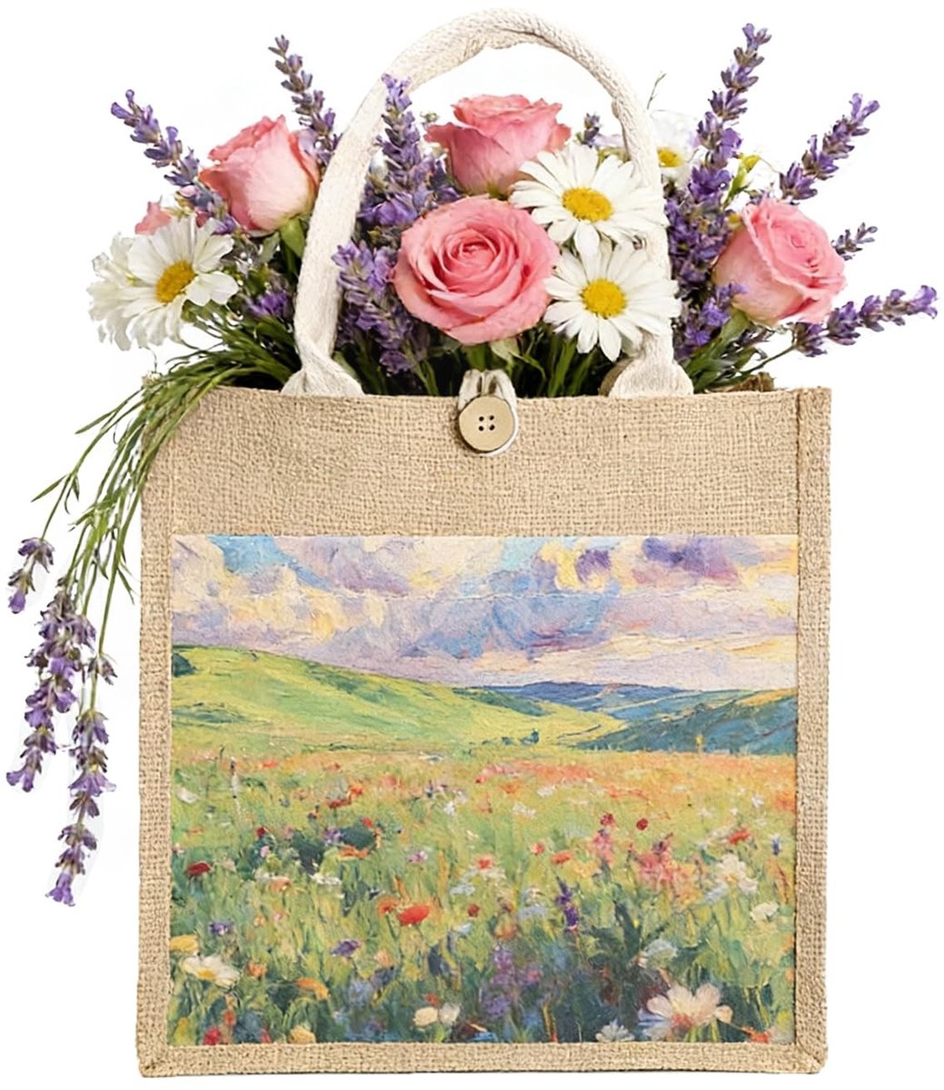 Omgoods - Gepersonaliseerde Jute Tas met Bloemenontwerp, Herbruikbare Shopper Bag