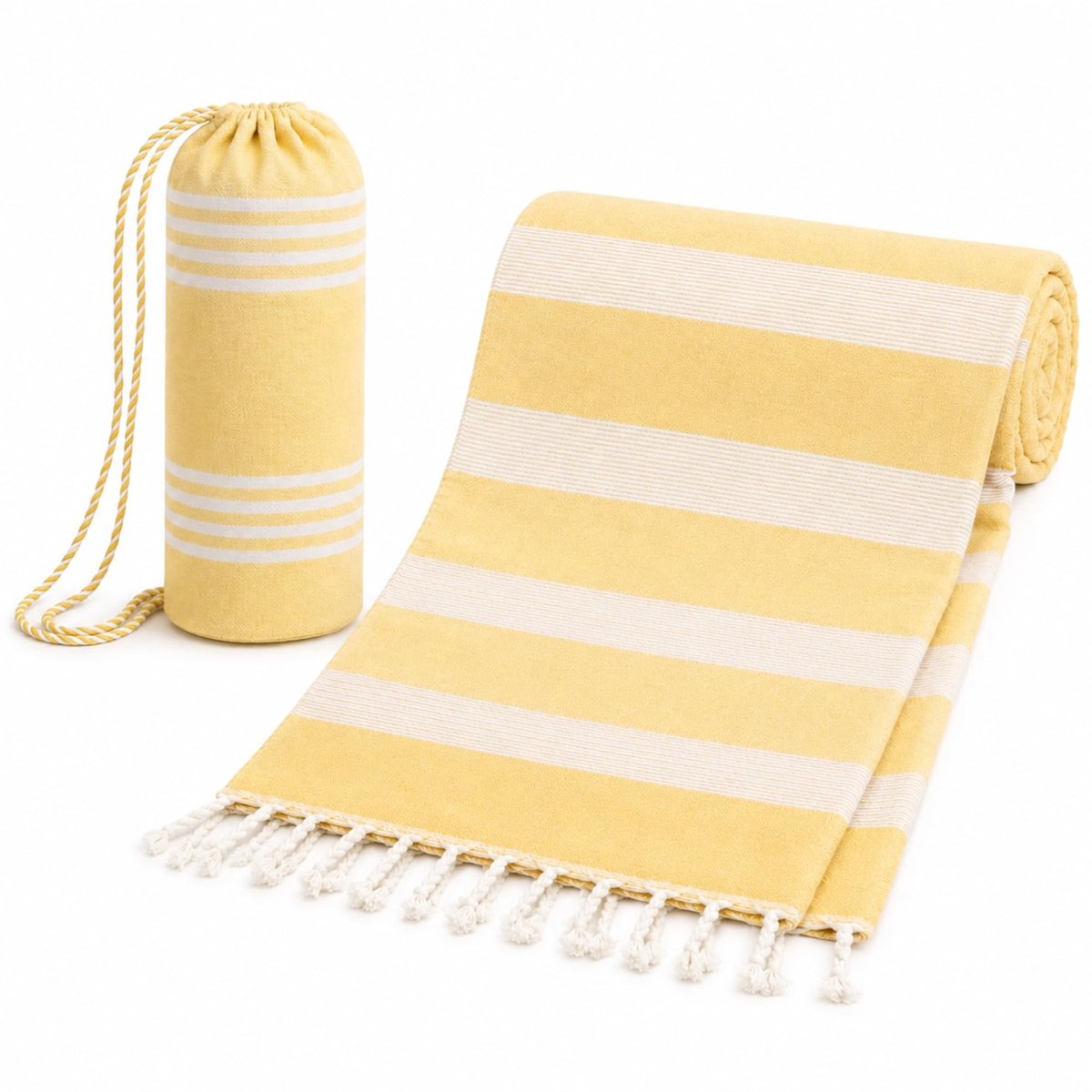 Omgoods - Grote Strandhanddoek met Tas - Pareo Fouta Strepen & Franjes - Geel