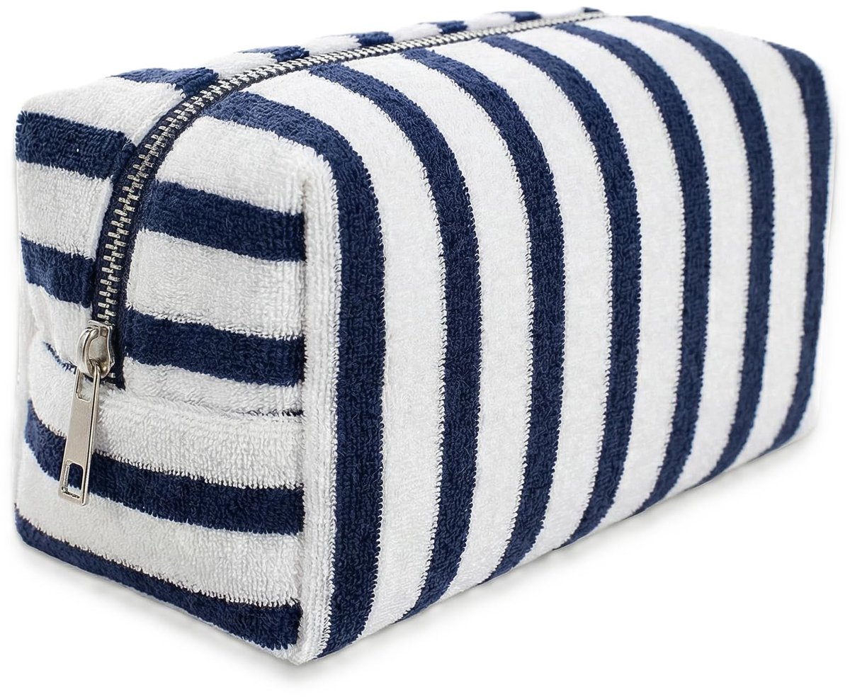 SnelShoppen - Grote Gestreepte Cosmetica Tas voor Vrouwen, Lichtgewicht Toilettas, Reisorganizer voor Makeup & Huidverzorging, Navy/Wit, Minimalistisc