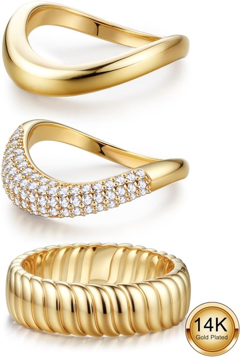 Ringen met 14 karaat goud voor dames, set van zirkoniastenen, delicate eeuwigheidsring, 3 opvallende ringen