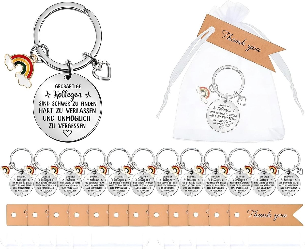 Sleutelhangers voor collega's, 12 stuks bedankcadeaus met een organzazakje en een bedankkaart, geweldige collega's zijn moeilijk te vinden, sleutelhanger bedankt voor collega