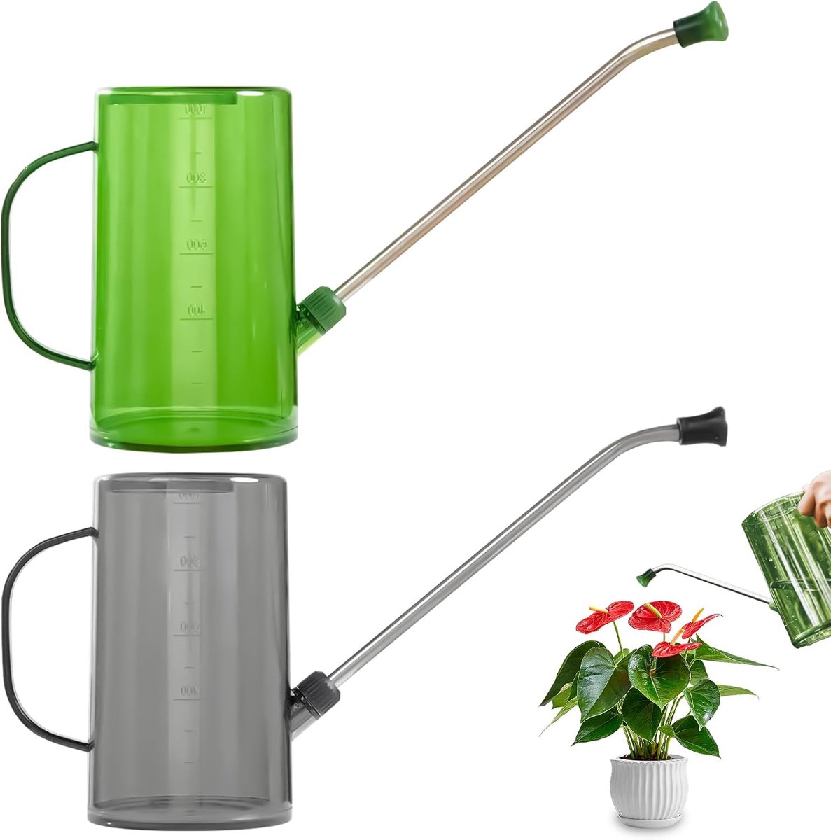 SnelShoppen - Set van 2 Langneks Watergevers: 1L Waterkan met RVS Tuit, Kleine Heldere Waterkan, Planten Waterkan voor Tuin, Kamerplanten, Bloemen, Ve