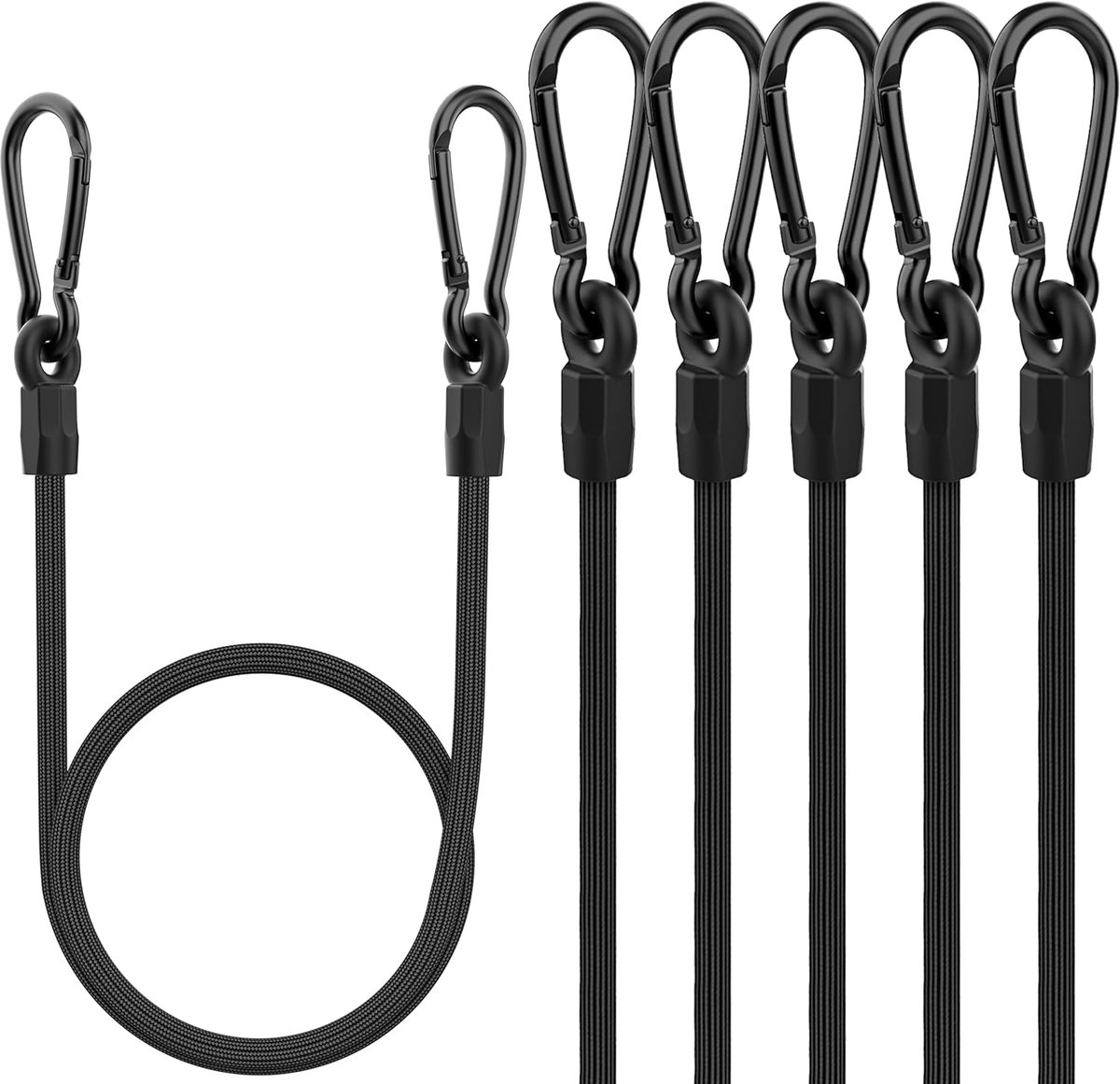6 stuks robuuste elastische koorden met karabijnhaak, hoge sterkte, kleur zwart met haken voor camping, dekzeilen, fietsendragers, gordijnen, auto, outdoor