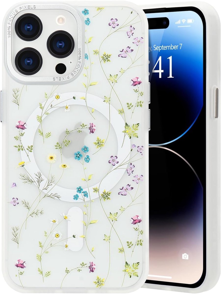 Magnetische beschermhoes voor iPhone 14 Pro Max, compatibel met Magsafe, transparant bloemenmotief, schokbestendig, zachte TPU, mat, voor iPhone 14 Pro Max, witte bloem