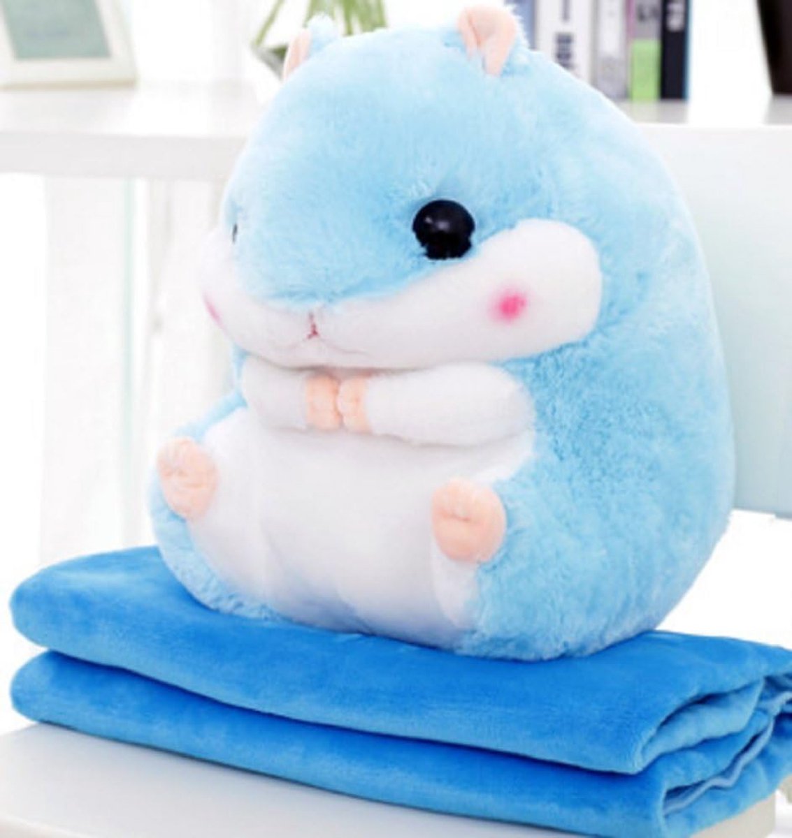 2-in-1 hamster knuffeldier pluche hamsterkussen met knuffeldeken super schattig cadeau voor kinderen en vriendin 50cmX30cm (blauw)