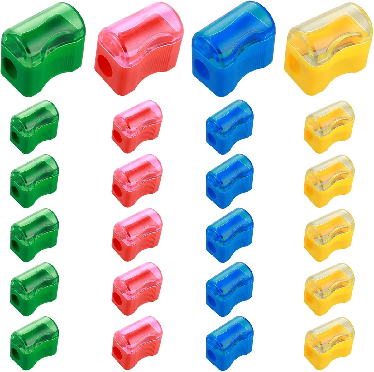 Handmatige puntenslijper met container - 24 stuks in 4 kleuren met deksel, mini handheld plastic ontwerp voor kinderen, studenten, school, thuis en op kantoor