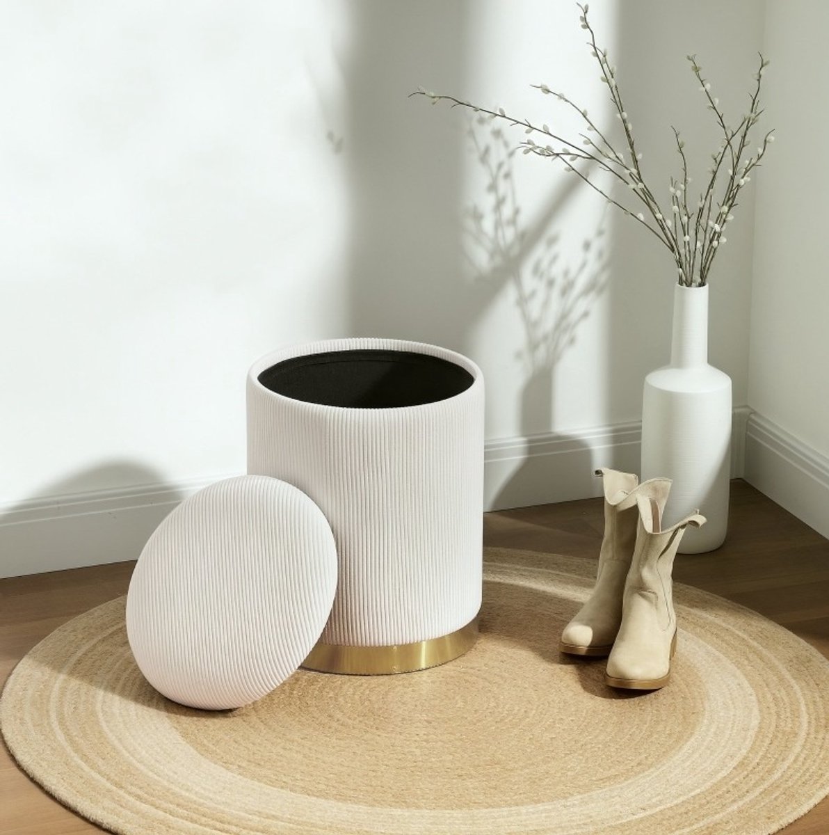 COVREO Poef met opbergruimte, rond 36 x 36 x 44 cm, creme wit ribstof deksel