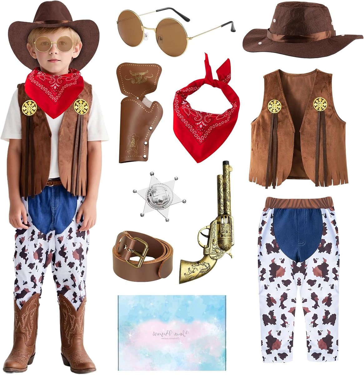 Cowboykostuum voor kinderen, western cowboyjurk voor kinderen, met vest, broek, hoed, bandana, accessoires, cowboykostuum voor kinderen, voor Halloween, carnaval, verkleedpartij, cosplay, 3-10