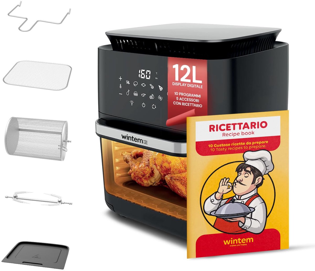 SnelShoppen - TurboFry luchtfriteuse XXL 12 l met touch-display, 12 kookprogramma's, inclusief accessoires en receptenboek voor gezond grillen, braden