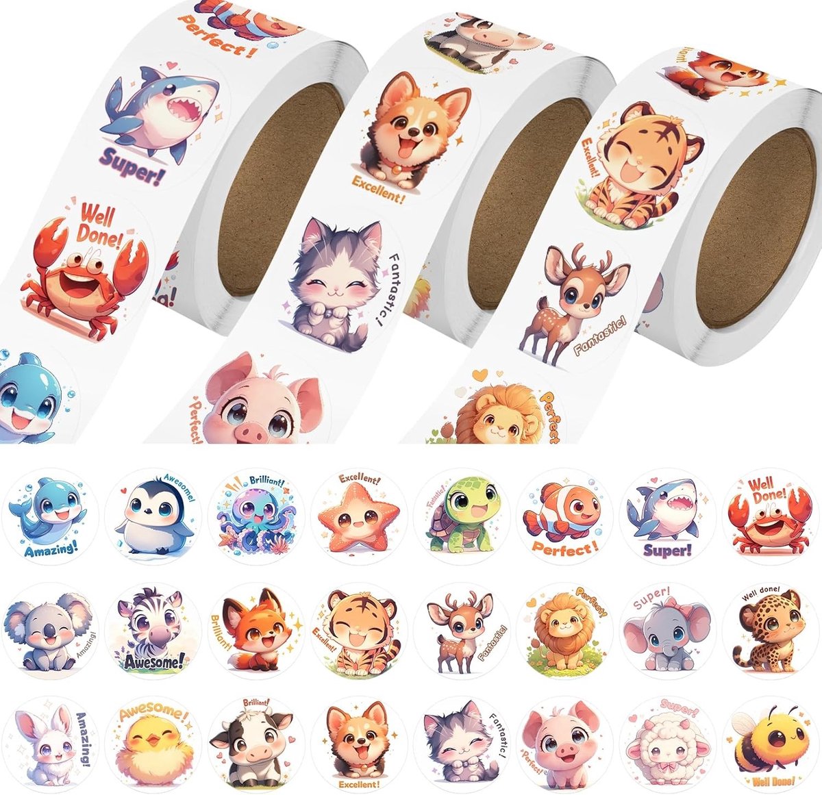 1500 Dierenstickers voor Kinderen - 24 Schattige Boerderij-, Zee- en Wilde Dieren Motieven met Motiverende Teksten, Beloningsstickers voor Peuters van 2-4 Jaar