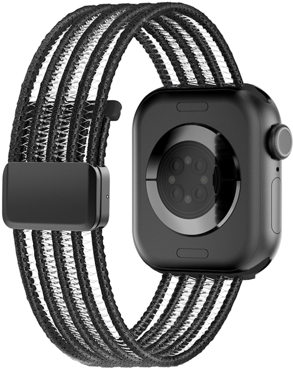 Stravo Nylon Mesh Bandje met Magnetische Sluiting – Geschikt voor Apple Watch 46mm (Series 10/11), 49mm (Ultra 1/2/3), 45mm (Series 7/8/9), 44mm (Series 4/5/6, SE 1/2/3) – Lichtgewicht & Ademend Horlogebandje – Zwart