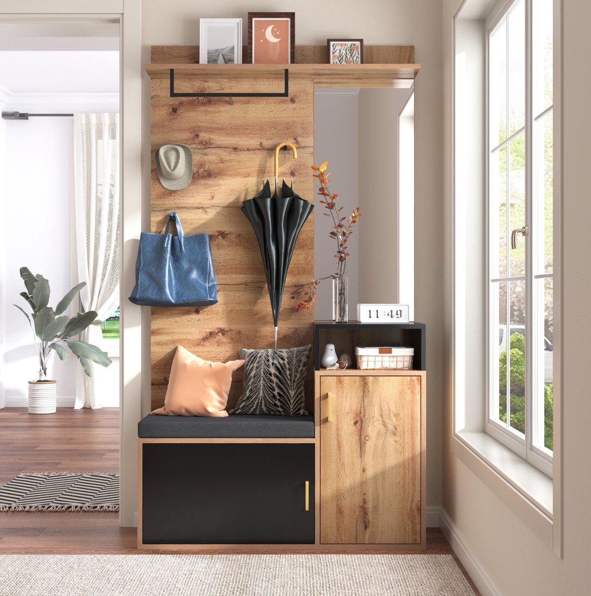 COVREO Schoenenkast 105x40x191,5 cm zwart, MDF en spaanplaat met spiegel