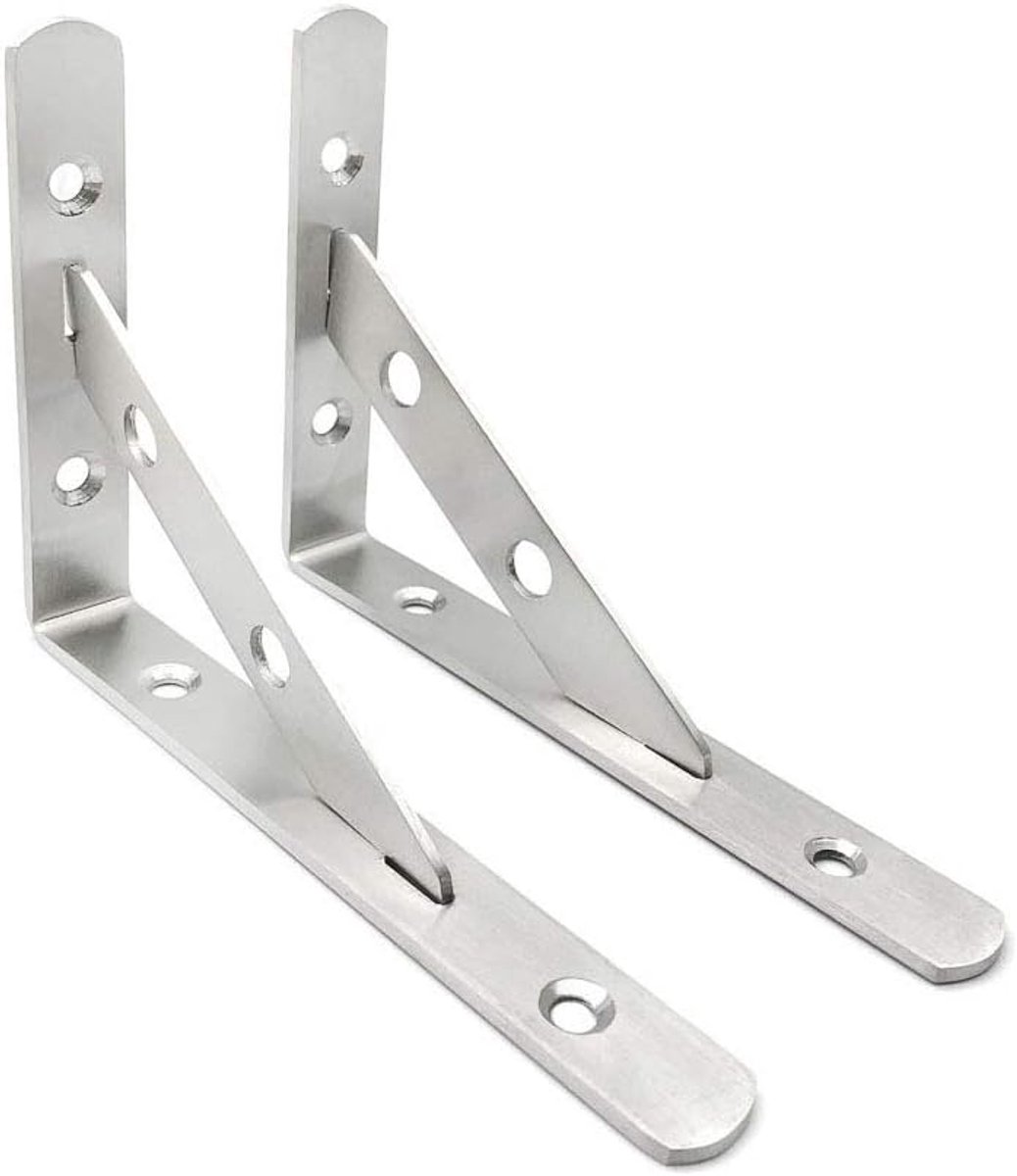 SnelShoppen - 2 Pack Wandbeugels, Zware Stevige Metalen Plankbeugels, 90 Graden L Vormige Plankbeugel met Schroeven, Zilver (105 x 150 mm)