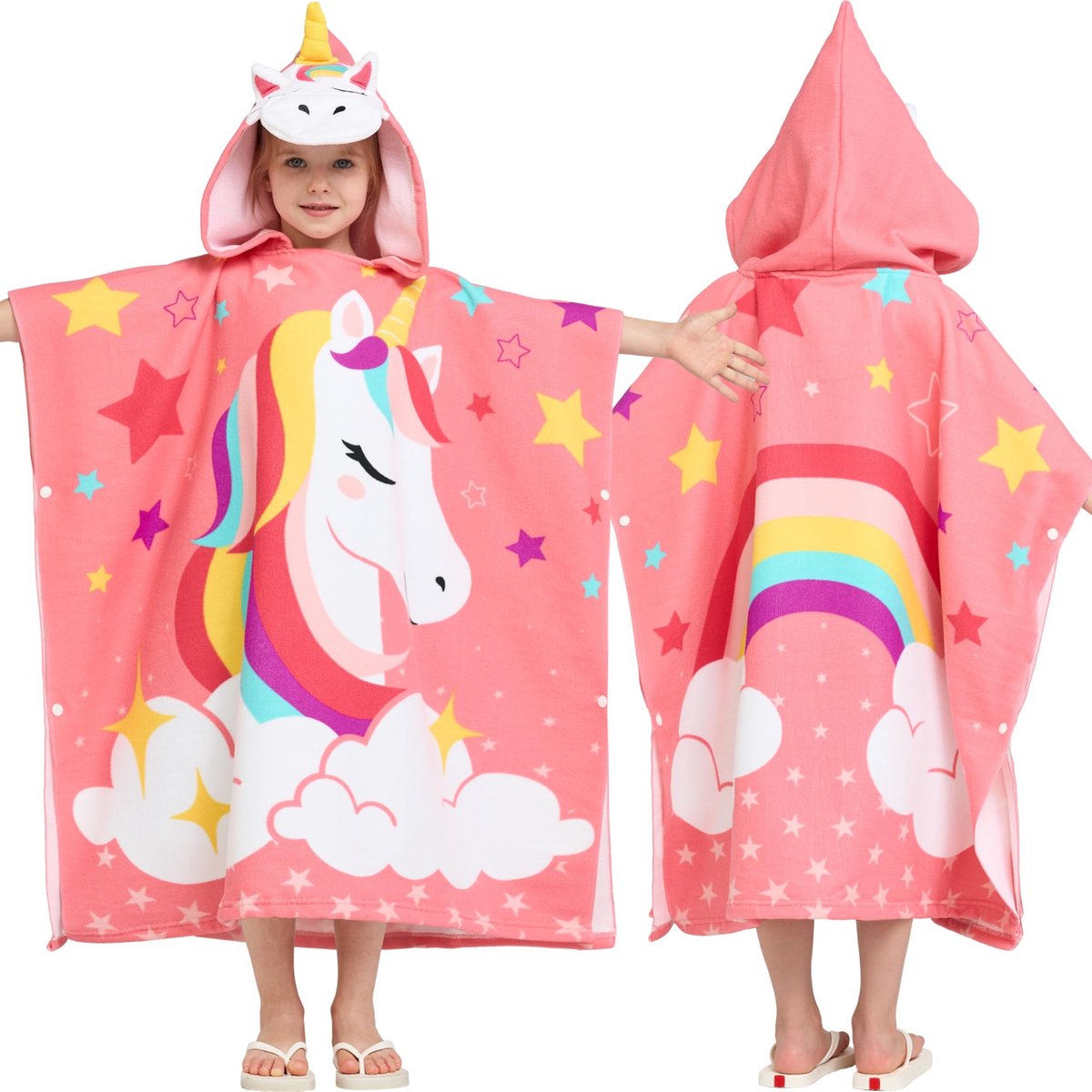 Omgoods - Bad Poncho Handdoek voor Kinderen - Roze Eenhoorn Microvezel